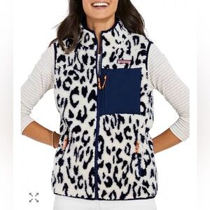 Vineyard Vines Women’s Size Large Leopard Sherpa Vest White Blue Animal Print